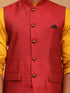Vastramay Men's Maroon Jacquard Nehru Jacket with Kurta Pyjama Set